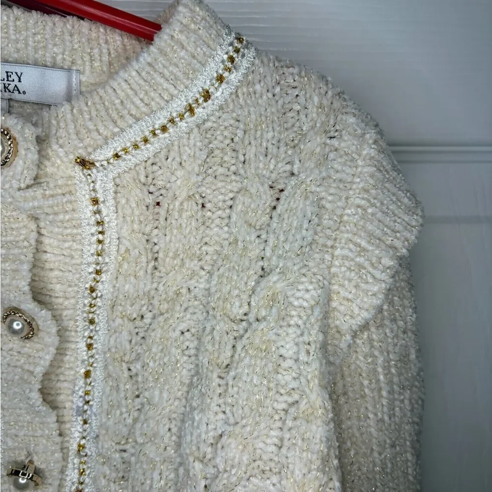Badgley Mischka Cream Cable Knit Pearl Button Gold Metallic Sweater Set Girl 3T